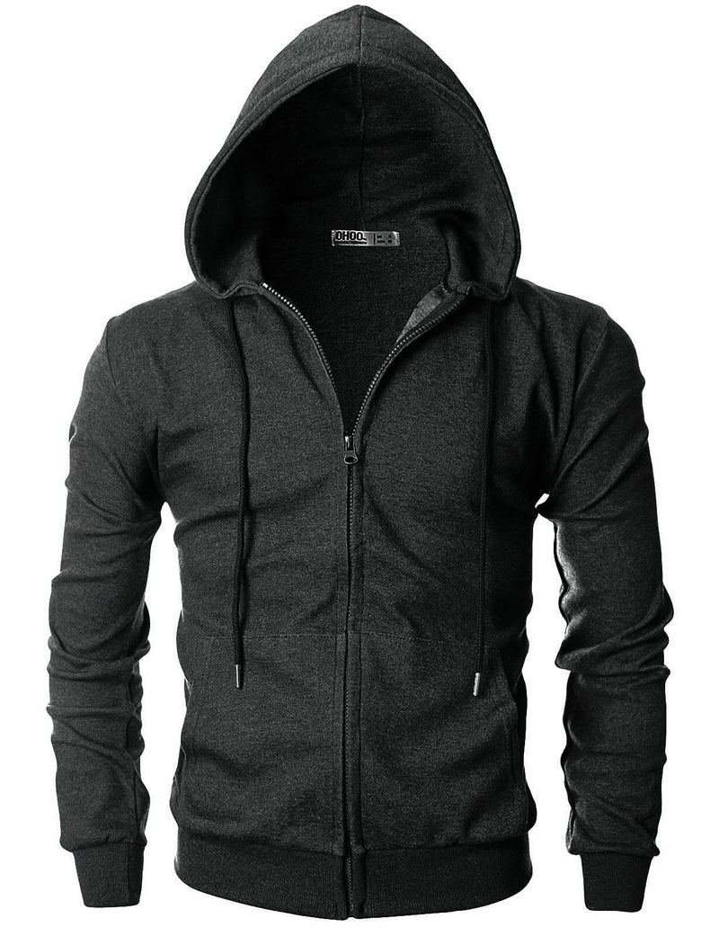 Ohoo Men's Zip Up Hoodie Lightweight Slim Fit Sweatshirt Full Zip Hooded Jacket Concealed Zipper / DCF136-CHARCOAL-L - Image 2